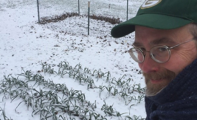 Snow covers Jon Krieg’s garlic in Iowa.