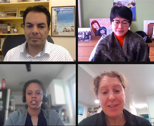 Four people in separate screens talking on a livestream