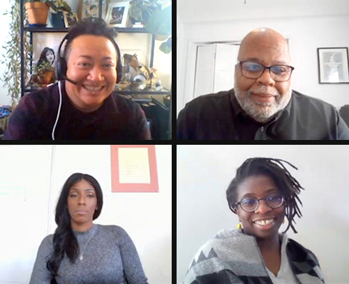 Four people on separate screens speaking on a livestream