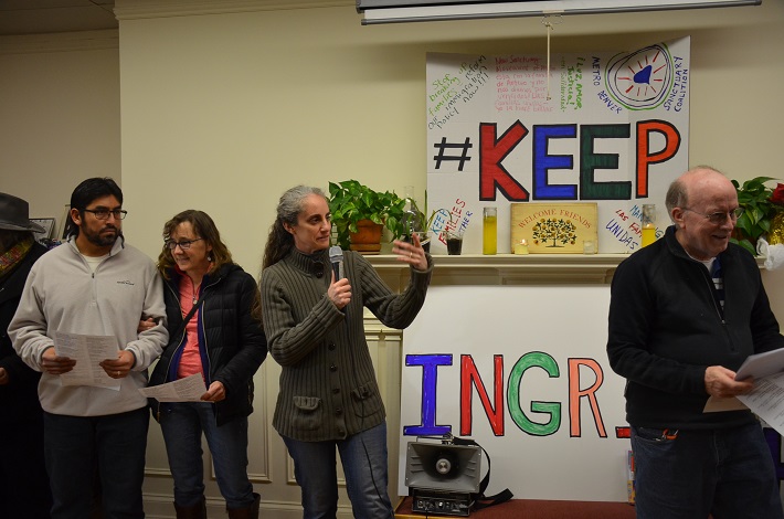 Jenn Piper at the Posada welcoming Ingird into Sanctuary at Mountain View Friends Meeting