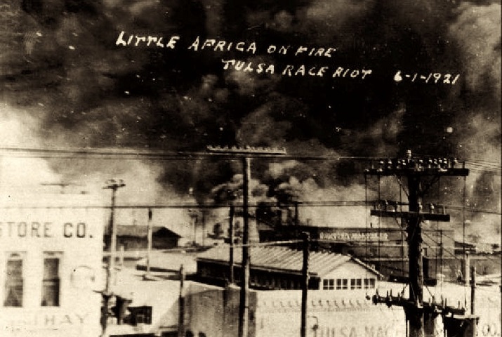 Postcard of the Tulsa riots of 1921 via Wikimedia Commons