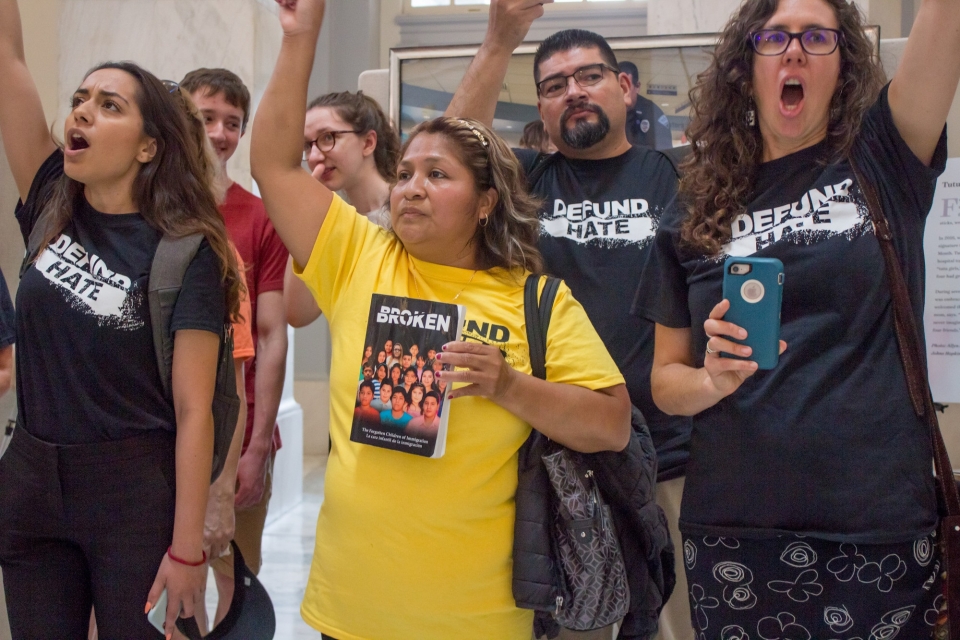 Immigrant rights leader Lupe Lopez (center) at a Defund Hate gathering in Washington, D.C. Photo: Carl Roose/AFSC