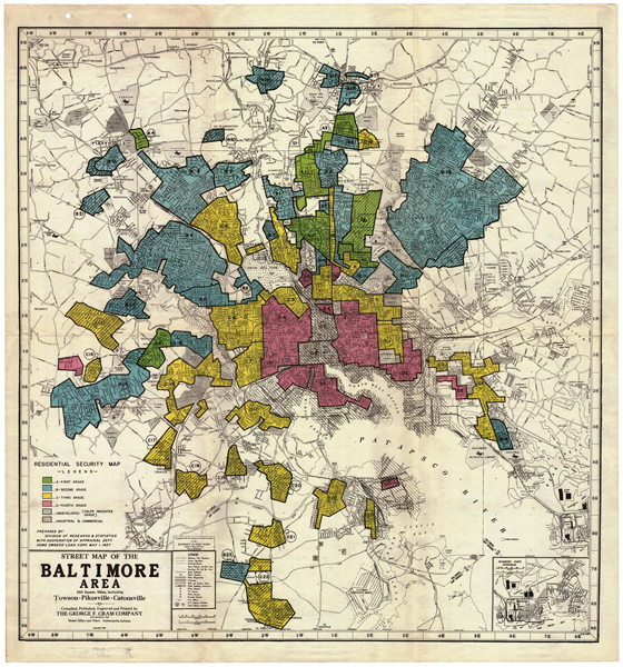 The infamous redlining map or "residential security map" that helped to solidify Baltimore's apartheid system in 1937. Posted by Baltimore Redevelopment Action Coalition for Empowerment.